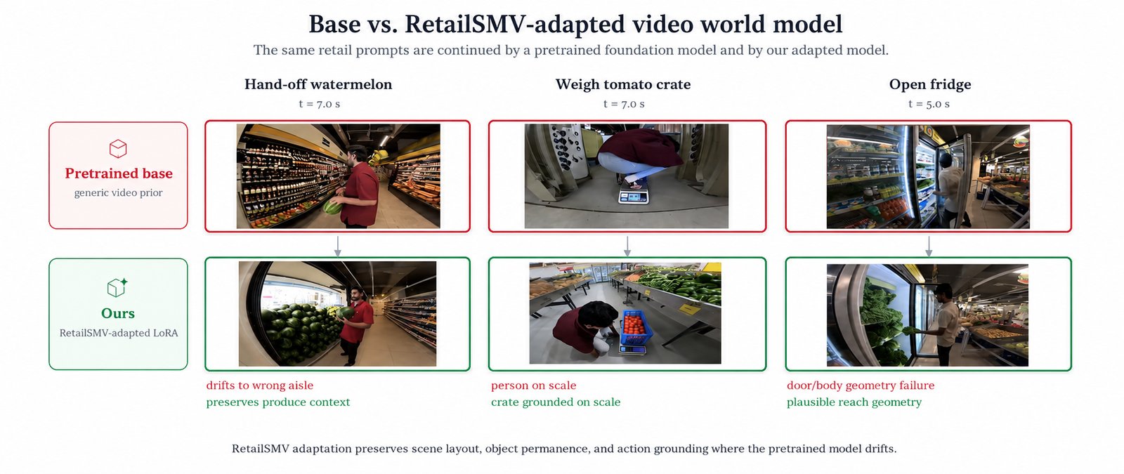 Base vs. RetailSMV-adapted video world model on three retail prompts